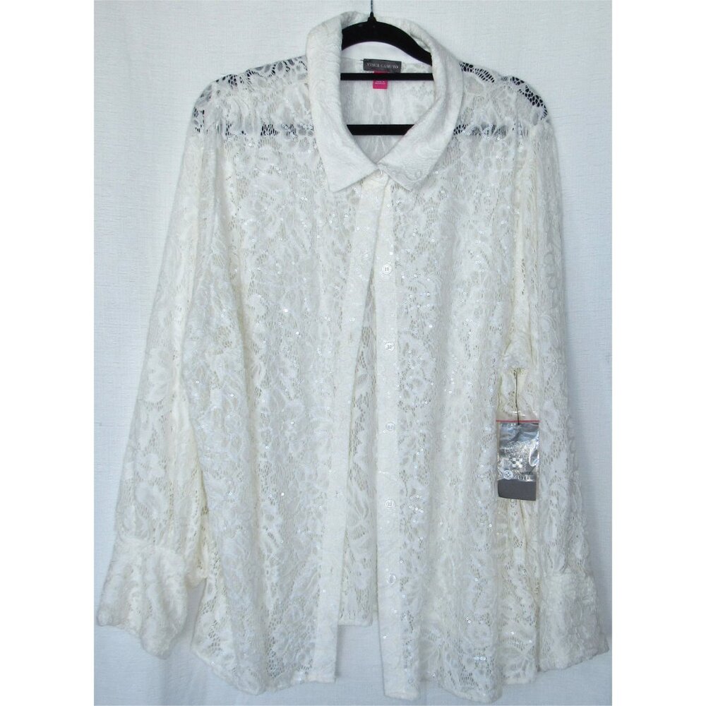Vince Camuto Plus Size Glamorous White Lace & Sequin Long-Sleeve Blouse 2X NWT